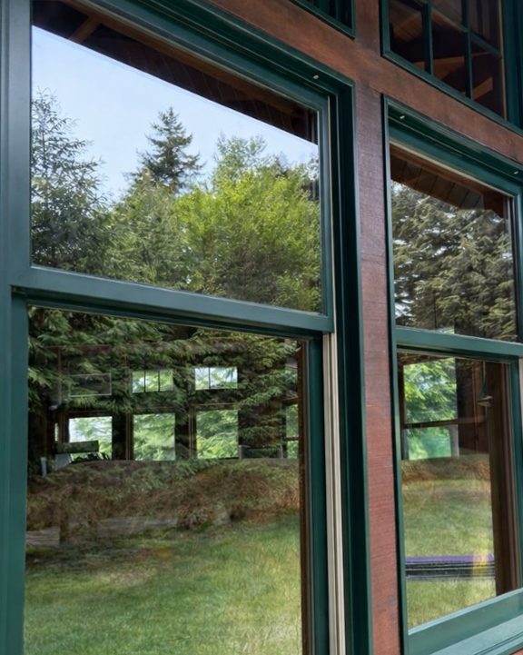 The same windows after cleaning, clear enough to show the trees reflected